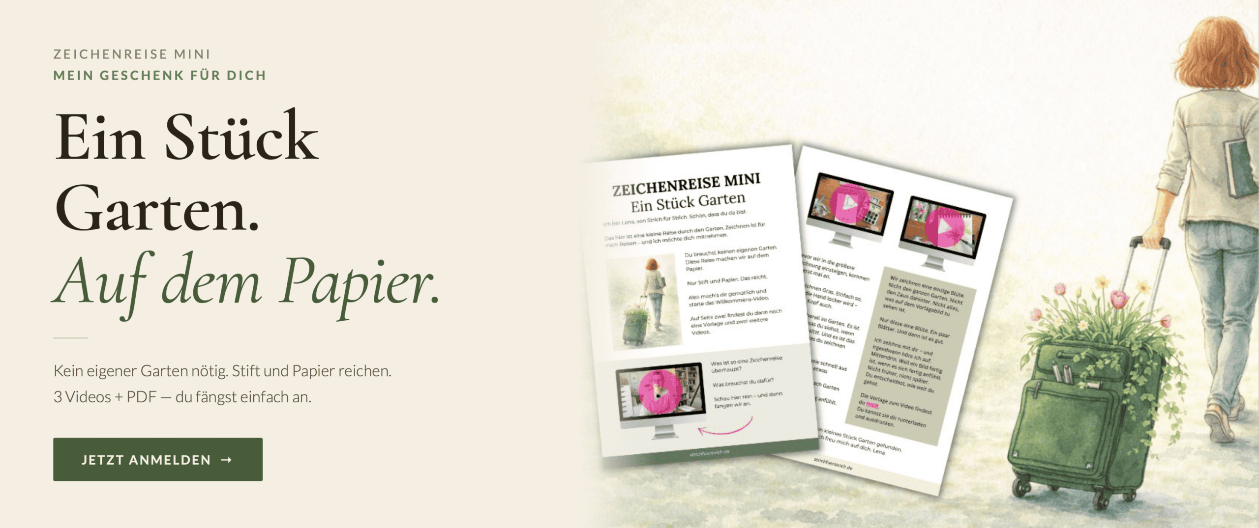 Anmelde Button für eine Zeichenreise durch den Garten auf Papier.