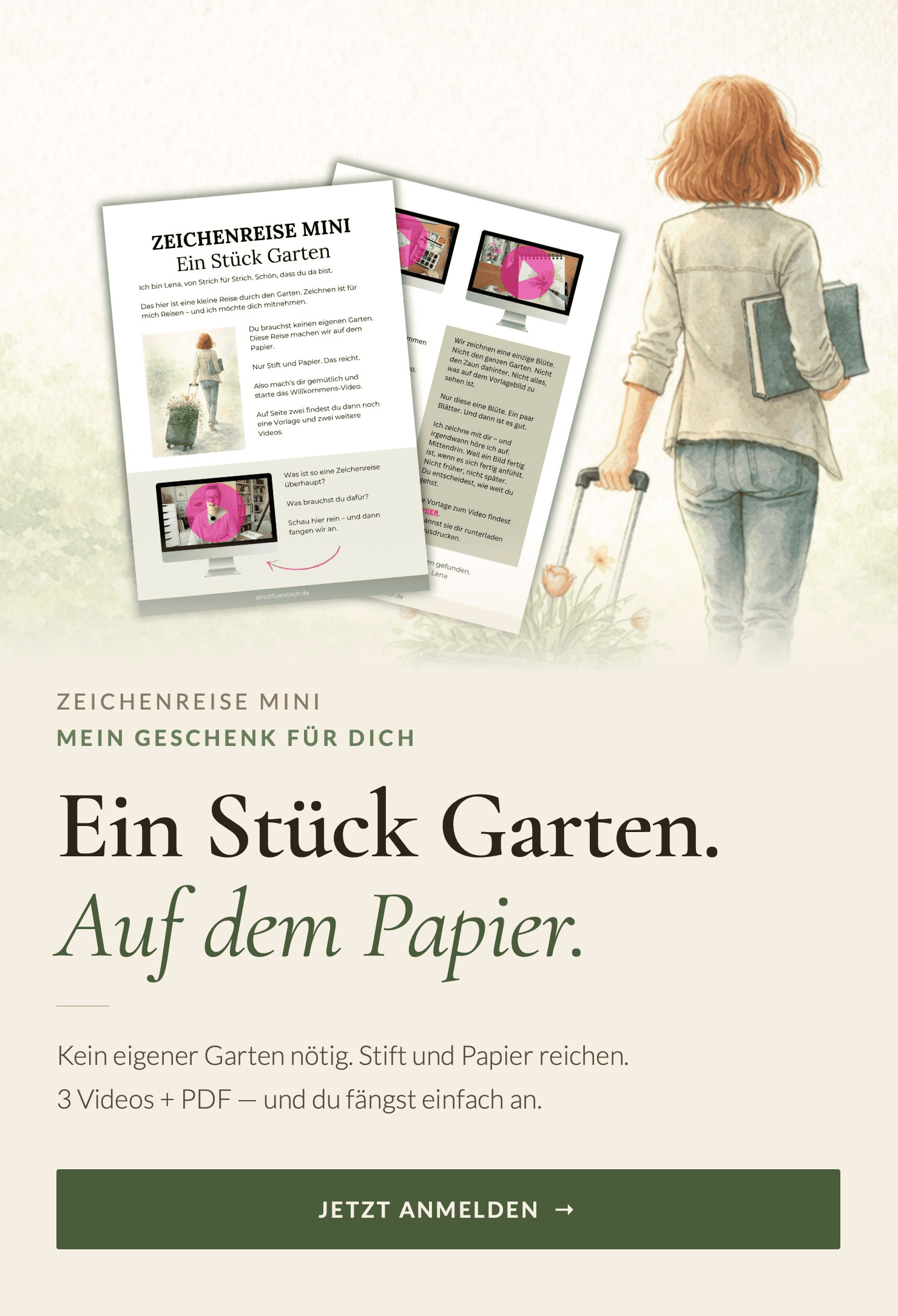 Anmelde Button für eine Zeichenreise durch den Garten auf Papier.